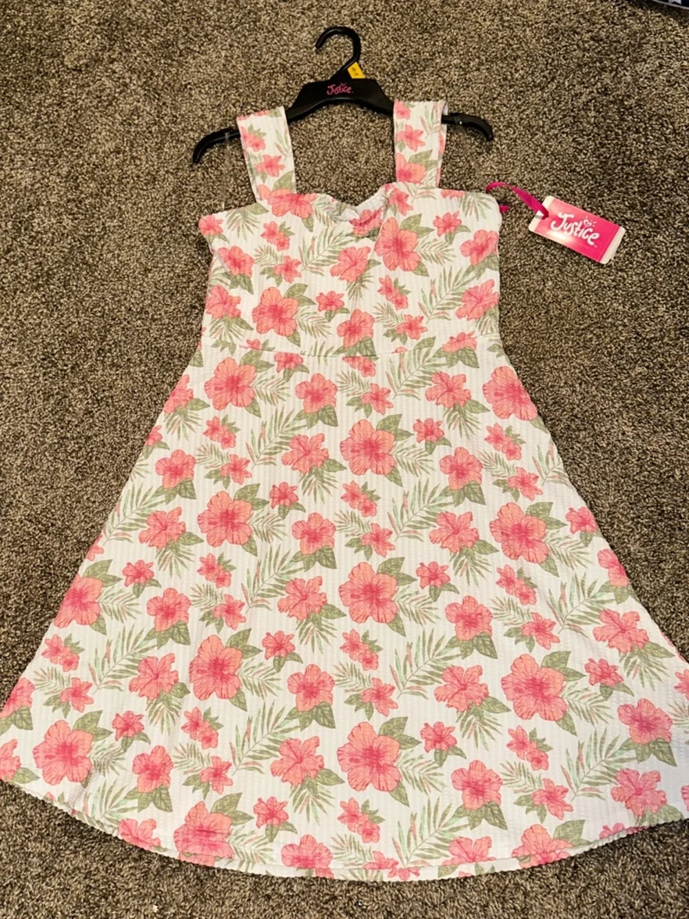 Justice White Floral Dress with Pink Hibiscus and Green Leaves